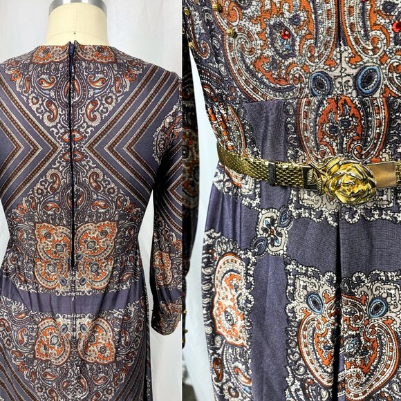 Vintage Bernie Bee hostess maxi dress paisley studded rhinestone small medium - Picture 4 of 4